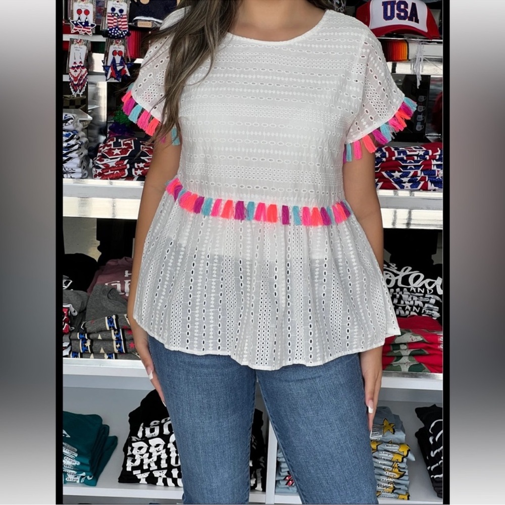 Savannah Jane White Eyelet Top Blouse Colorful Tassels Size Medium